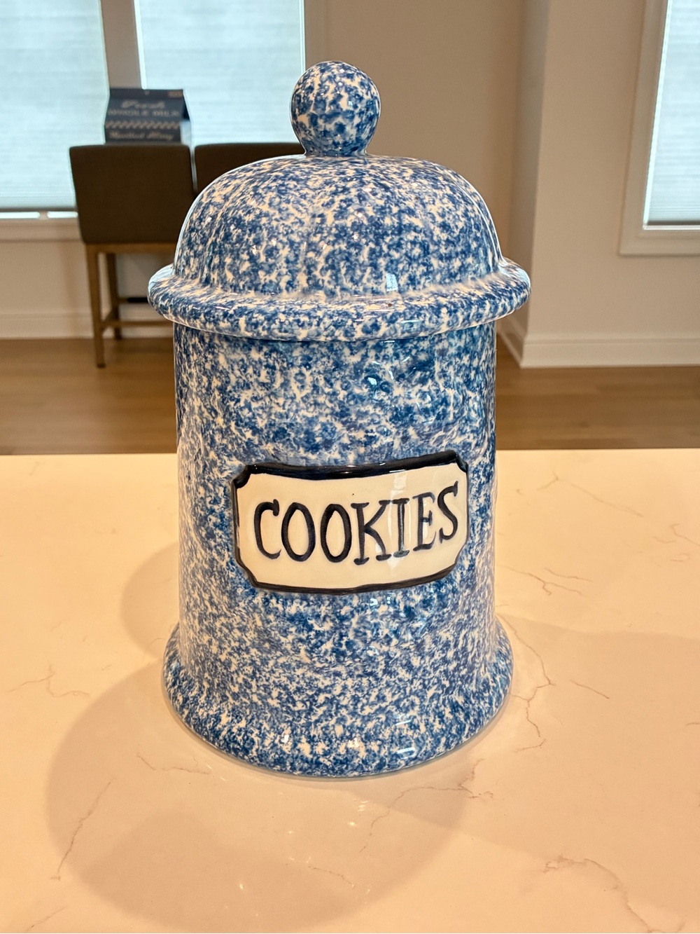 Vintage N.S. Gustin Co. Blue Spongeware "COOKIES" Canister / Cookie Jar